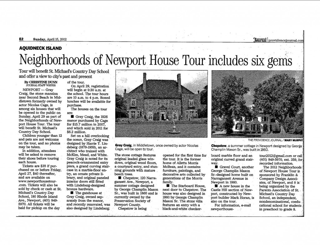 Gray Craig featured in St. Michael’s Country Day School’s Neighborhoods of Newport House Tour