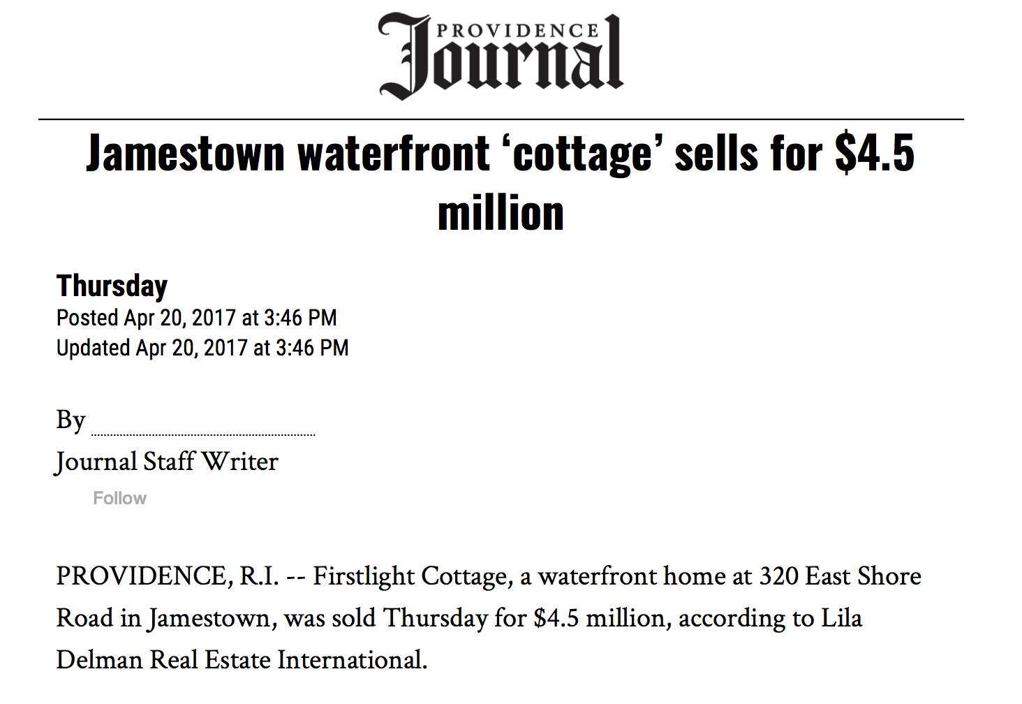 Firstlight Cottage Featured in the Providence Journal