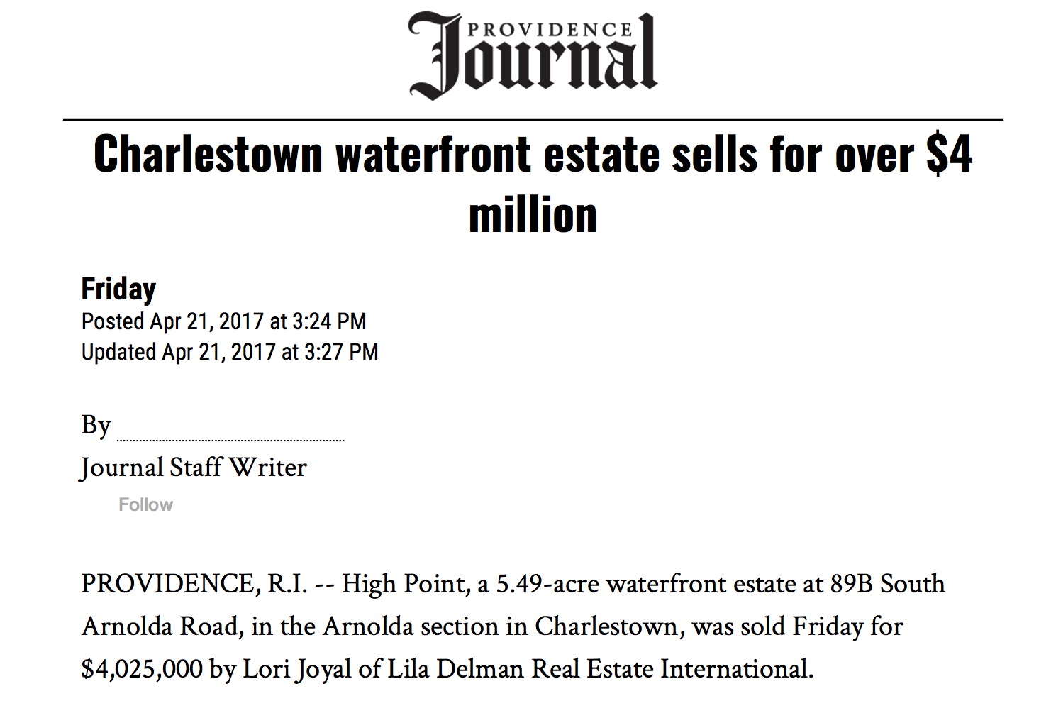 Sale of High Point Featured in the Providence Journal